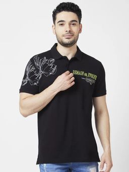 Spykar - Men Black Cotton Slim Fit Half Sleeve Collar Neck Printed Polo T-shirt