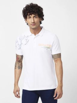 Spykar - Men White Cotton Slim Fit Half Sleeve Collar Neck Printed Polo T-shirt