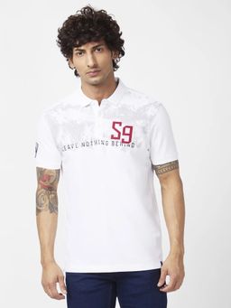 Spykar - Men White Blended Slim Fit Half Sleeve Collar Neck Printed Polo T-shirt