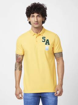Spykar - Men Yellow Slim Fit Half Sleeve Collar Neck Casual Embroidered Polo T-shirt