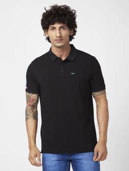 Spykar - Men Black Blended Slim Fit Half Sleeve Collar Neck Casual Plain Polo T-shirt