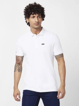 Spykar - Men White Blended Slim Fit Half Sleeve Collar Neck Plain Polo T-shirt