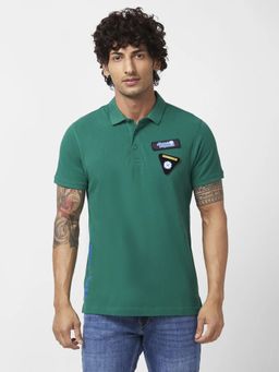 Spykar - Men Dark Green Cotton Slim Fit Half Sleeve Collar Neck Printed Polo T-shirt