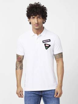 Spykar - Men White Cotton Slim Fit Half Sleeve Collar Neck Printed Polo T-shirt