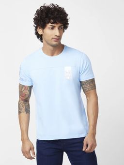 Spykar - Men Powder Blue Blended Slim Fit Half Sleeve Round Neck Printed T-shirt