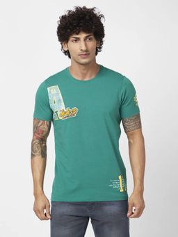 Spykar - Men Dark Green Blended Slim Fit Half Sleeve Round Neck Casual Printed T-shirt