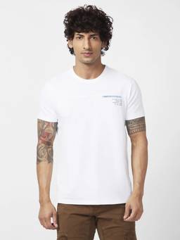 Spykar - Men White Blended Slim Fit Half Sleeve Round Neck Printed T-shirt