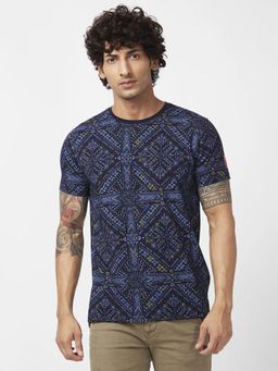Spykar - Men Navy Blue Blended Slim Fit Half Sleeve Round Neck Printed T-shirt
