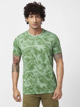 Spykar - Men Sage Green Blended Slim Fit Half Sleeve Round Neck Printed T-shirt