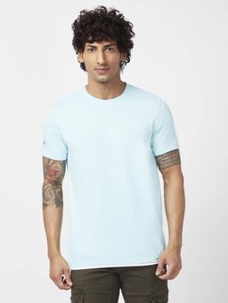 Spykar - Men Bleached Aqua Blended Slim Fit Half Sleeve Round Neck Plain T-shirt