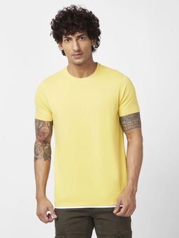 Spykar - Men Lemon Yellow Blended Slim Fit Half Sleeve Round Neck Plain T-shirt