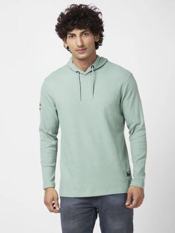 Spykar - Men Pista Green Slim Fit Full Sleeve Hooded T-shirt