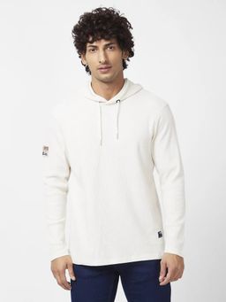 Spykar - Men Off White Blended Slim Fit Full Sleeve Hooded Plain T-shirt