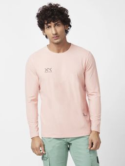 Spykar - Men Peach Pink Blended Slim Fit Full Sleeve Round Neck Plain T-shirt