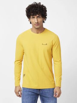 Spykar - Men Mustard Yellow Blended Slim Fit Full Sleeve Round Neck Plain T-shirt