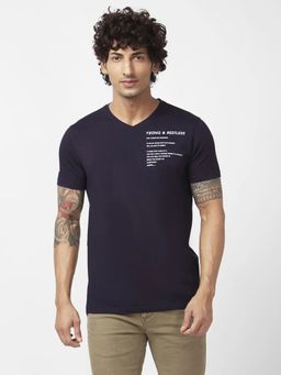 Spykar - Men Navy Blue Blended Slim Fit Half Sleeve V-neck Printed T-shirt