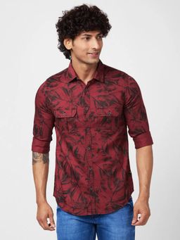 Spykar - Men Brick Red Cotton Regular Slim Fit Full Sleeve Printed Shirt
