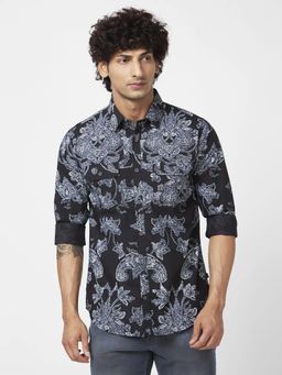 Spykar - Men Black Poplin Regular Slim Fit Full Sleeve Casual Floral Print Shirt