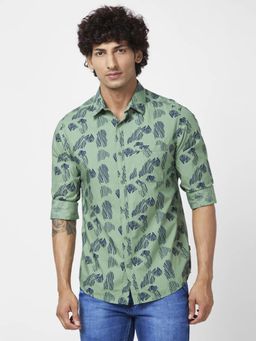 Spykar - Men Sage Green Poplin Slim Fit Full Sleeve Causal Printed Shirt