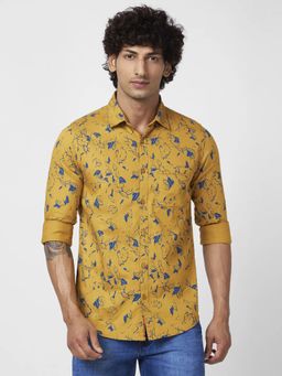 Spykar - Men Camel Khaki Cotton Regular Slim Fit Full Sleeve Printed Shirt