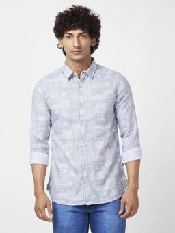 Spykar - Men Light Grey Slob Regular Slim Fit Full Sleeve Causal Printed Shirt
