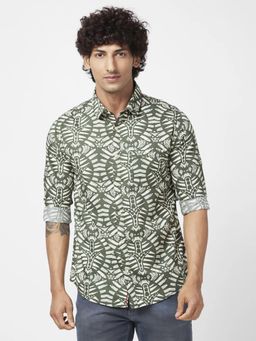 Spykar - Men Rifle Green Cotton Regular Slim Fit Full Sleeve Causal Printed Shirt
