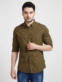 Spykar - Men Military Green Poplin Slim Fit Full Sleeve Printed Shirt