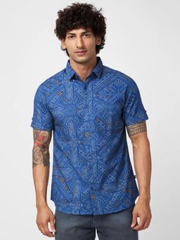 Spykar - Men Indigo Slob Regular Slim Fit Half Sleeve Causal Printed Shirt