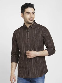Spykar - Men Coffee Brown Cotton Regular Slim Fit Full Sleeve Printed Shirt