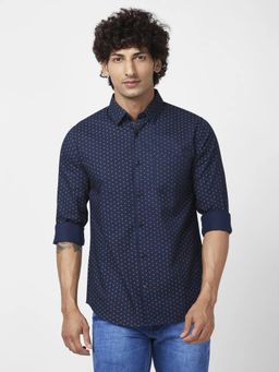 Spykar - Men Midnight Blue Cotton Regular Slim Fit Full Sleeve Printed Shirt