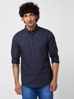 Spykar - Men Navy Blue Cotton Regular Slim Fit Full Sleeve Causal Printed Shirt
