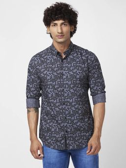 Spykar - Men Dark Grey Poplin Regular Slim Fit Full Sleeve Causal Printed Shirt