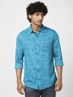 Spykar - Men Blue Viscose Regular Slim Fit Full Sleeve Causal Printed Shirt