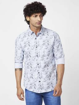 Spykar - Men Grey Cotton Regular Slim Fit Full Sleeve Causal Printed Shirt
