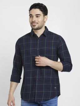 Spykar - Men Midnight Blue Cotton Regular Slim Fit Full Sleeve Checks Shirt