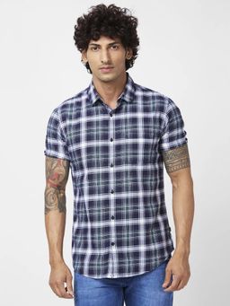 Spykar - Men Navy Blue Cotton Regular Slim Fit Half Sleeve Casual Checks Shirt