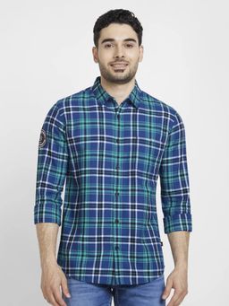 Spykar - Men Teal Cotton Regular Slim Fit Full Sleeve Checks Shirt