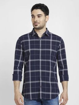 Spykar - Men Navy Blue Cotton Regular Slim Fit Full Sleeve Checks Shirt