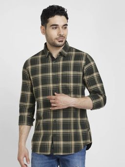 Spykar - Men Bottle Green Cotton Regular Slim Fit Full Sleeve Checks Shirt