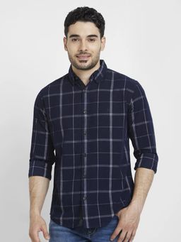 Spykar - Men Navy Blue Cotton Regular Slim Fit Full Sleeve Checks Shirt