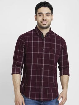 Spykar - Men Wine Cotton Regular Slim Fit Full Sleeve Checks Shirt
