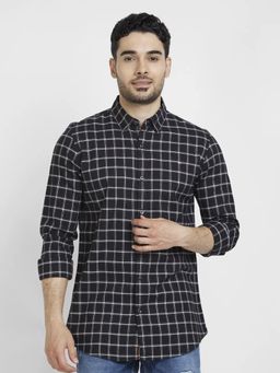 Spykar - Men Jet Black Cotton Regular Slim Fit Full Sleeve Checks Shirt