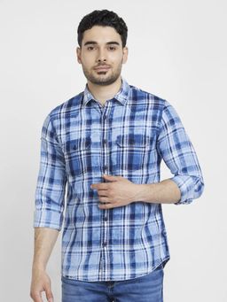 Spykar - Men Indigo Cotton Regular Slim Fit Full Sleeve Checks Shirt