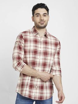 Spykar - Men Brick Red Cotton Regular Slim Fit Full Sleeve Checks Shirt