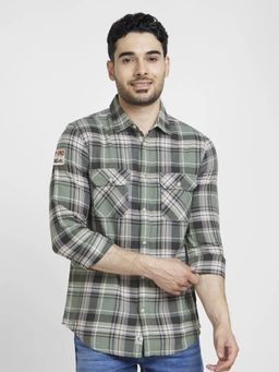 Spykar - Men Sage Green Cotton Regular Slim Fit Full Sleeve Checks Shirt