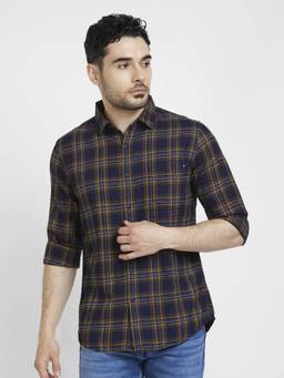 Spykar - Men Navy Blue Cotton Regular Slim Fit Full Sleeve Checks Shirt