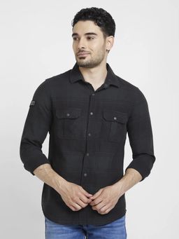 Spykar - Men Navy Blue Cotton Regular Slim Fit Full Sleeve Checks Shirt