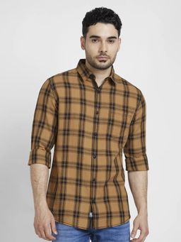 Spykar - Men Camel Brown Cotton Regular Slim Fit Full Sleeve Checks Shirt