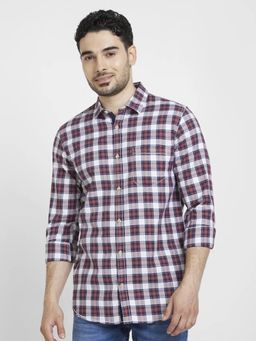 Spykar - Men Brick Red Cotton Regular Slim Fit Full Sleeve Checks Shirt