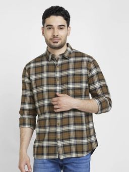 Spykar - Men Military Green Cotton Regular Slim Fit Full Sleeve Checks Shirt